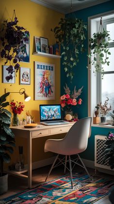 a desk with a laptop on it in front of a window filled with potted plants