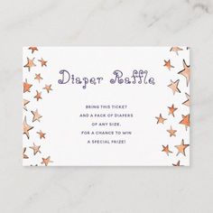 a baby shower ticket with stars on the front and purple lettering that reads, diaper raffle