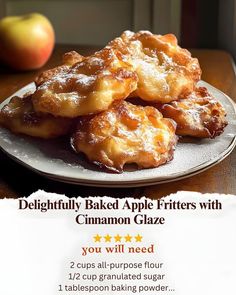 an advertisement for cinnamon glaze on a plate with apples in the background and text describing how to bake apple fritters with cinnamon glaze