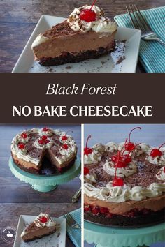 Collage of 3 photos of black forest no bake cheesecake with text in the middle No Bake Black Forest Cheesecake, Cake And Cheesecake, Black Forest Cheesecake, Milk Chocolate Recipes, Dark Chocolate Recipes, Cacao Recipes, White Chocolate Recipes, Canning Cherry Pie Filling