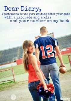 a man and woman standing next to each other in front of a football field with the caption dear diary