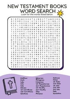 the new testament books word search is shown in this book, which features an image of a