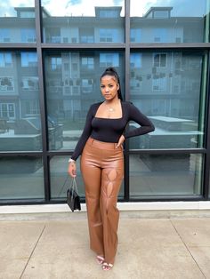 High Waisted Wide Leg Cutout Detail Belt Loops Hidden Back Zipper High Stretch Model is wearing a Medium. Brown Leather Pants Outfit, Diy Fashion Videos, Fashion Major, Brown Leather Pants, Leather Pants Outfit, Black Femininity, Classy Casual Outfits, Caramel Brown, Night Out Outfit