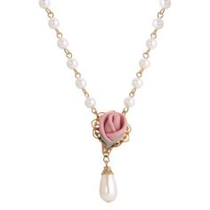 This necklace features a petite handmade pink porcelain rose bud, with a white faux pearl teardrop which dangles below. The linking necklaces comes with white round faux pearls, lobster clasp and a 3-inch extension chain. | 1928 Jewelry Gold Tone Flower With Pearl Drop 15" + 3" ADJ Necklace, Pink Cheap Pink Necklace With Pearl Charm, Pink Rose Jewelry, Pink Rose Earrings, Shopping Addict, Pink Porcelain, Blue Converse, Pearl Drop Necklace, 1928 Jewelry, Beauty Aesthetic