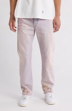 A vintage-inspired worn design brings lived-in appeal to these mid-rise straight leg jeans cut from nonstretch cotton. 33" inseam; 8 1/2" leg opening; 12 1/2" front rise Zip fly with button closure Five-pocket style 100% cotton Machine wash, dry flat Imported Asian & Pacific Islander Owned/Founded Faded Distressed Straight Leg Jeans, Straight Washed Cotton Jeans, Spring Washed Bottoms With Straight Hem, Casual Pre-washed Pants For Spring, Relaxed Fit Washed Jeans With Standard Cut Leg, Faded Relaxed Fit Pants With Five Pockets, Faded Five-pocket Summer Pants, Relaxed Fit Faded Pants With Five Pockets, Faded Bottoms With Standard Cut Leg For Spring