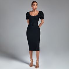 Our Style No.PP2207090%Rayon. 9%Nylon. 1%SpandexVery StretchyHeight - 69.3"/176cm Bust - 35"/89cm Waist - 24"/61cm Hips - 36.2"/92cm and wears size SGentle Dry Clean Only Elastane Bodycon Dress With Fitted Bodice, Midi Length, Solid Color Short Sleeve Bodycon Evening Dress, Short Sleeve Bodycon Dress For Evening, Fitted Elastane Midi Dress For Date Night, Chic Fitted Elastane Bandage Dress, Fitted Elastane Bodycon Summer Dress, Fitted Elastane Bodycon Dress For Summer, Fitted Elastane Party Dress, Stretch Midi Dress With Square Neck For Party