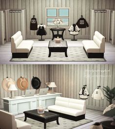 two pictures of a living room with white furniture and black accents on the walls, one in