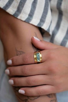 Gold Rings With Rectangular Gemstone, Rectangular Gold Emerald Ring, Gold Fusion Emerald Ring, Handmade Yellow Gold Rectangular Rings, Labradorite Ring, February Birthstone, February Birth Stone, La Jolla, Plated Jewelry