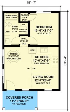 the floor plan for a small house with two bedroom and living room, including an attached kitchen