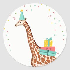 a giraffe wearing a party hat with presents on it's back round sticker