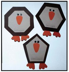 four paper cutouts of three different types of birds with eyes and beaks on them