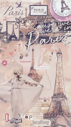 a collage with the eiffel tower in paris on it's side