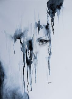 an artistic painting with black and white paint on the wall, depicting a woman's face