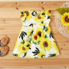 Girls Sunflower Dress White Ruffle Sleeves Summer Sunflower Dress, Sunflower Print, Layer Dress, Matching Family Outfits, Family Outfits, Inspiration Mode, Latest Fashion For Women, Matching Outfits, Lany