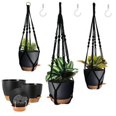 three hanging planters with plants in them, one is black and the other is brown