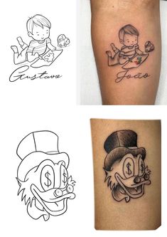 three different tattoos with cartoon characters on them