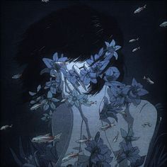 a painting of a woman surrounded by flowers and fish in the dark night sky, with her face partially obscured by leaves