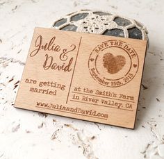 wooden save the date magnets with lace doily