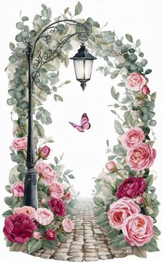 a painting of a street light with flowers and a butterfly flying over the entrance to it