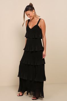 Elegant Nature Black Pleated Sleeveless Tiered Maxi Dress Fall Wedding Guest Dresses, Fall Wedding Outfits, Black Tiered Dress, Black Tie Wedding Guests, Fall Wedding Guest, Fall Wedding Guest Dress, Eve Dresses, New Years Eve Dresses, Black Bridesmaid Dresses