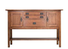 the sideboard is made from wood and has two doors on one side, and three drawers on the other