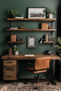 a home office with green walls and wooden shelves