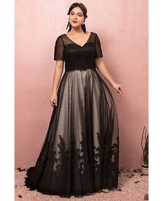 Buy Custom Formal Long Black Lace Evening Party Dress Vneck with Short Sleeves High Quality at wholesale price online. Free shipping and pro custom service since 2009. Black V-neck Banquet Dress, Black V-neck Dress For Banquet, Black V-neck Dress For Banquets, Black V-neck Wedding Dress, Black V-neck Dress For Party Season, Black Evening Mother Of The Bride Dress, Black V-neck Evening Dress For Party Season, Plus Size Black, Appliques