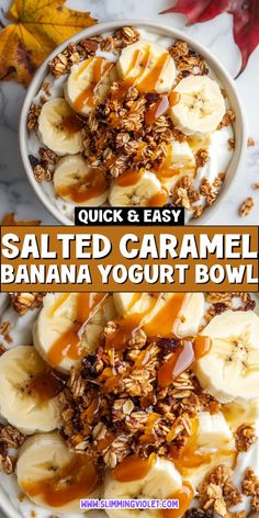 a bowl filled with sliced bananas and granola on top of a white plate next to an orange maple leaf