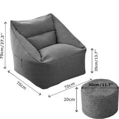 a grey chair and ottoman sitting next to each other with measurements for the seat cushion