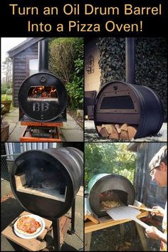 an outdoor pizza oven is shown with instructions for how to turn an old drum barrel into a pizza oven