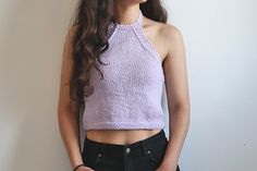 Simple Knit Halter Top - Knitted Crop Top Pattern | The Snugglery Knit Crop Top Pattern, Halter Top Pattern, Knitted Crop Top, Crop Top Pattern, Backless Halter Top, Summer Wardrobe Staples, Cropped Camisole, Halter Tops, Cropped Tops