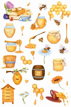 a bunch of honey related items on a white background