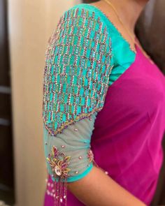 Full Maggam Work Blouse Designs, Exclusive Blouse Designs, Full Sleeves Blouse Designs, Maggam Blouses, Work Blouse Designs, Net Sleeves, Blue Blouse Designs, Netted Blouse Designs, Blouse Works