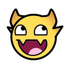 an image of a yellow cat face with big eyes and horns on it's head