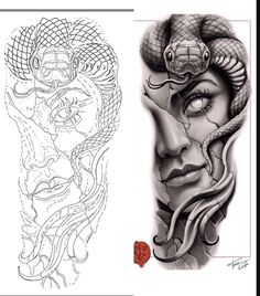 an image of a woman's face with a snake on her head and another tattoo design