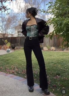 Corset Top Fall Outfit, Art Deco Outfit Casual, Rockstar Gf Party Outfit, Cute Casual Nye Outfit, Nye Outfits Pants, Classy And Seductive Outfits Casual, Velvet Button Down Shirt Outfit, Vintage Concert Outfits, Nye Outfit 2024