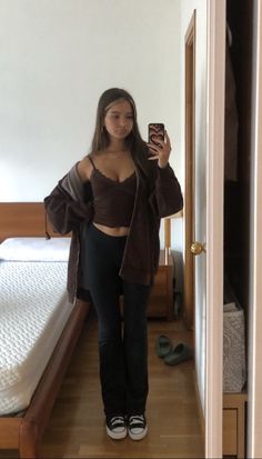 brown outfit brandy melville Brown Undershirt Outfit, Outfits To Wear With Brown Converse, Brown Cami Top Outfit, Outfits With Brown Top, How To Style A Brown Shirt, Brown Lace Top Outfit, How To Style Brown Shirt, Outfits With Brown Cardigan, Brown Cami Outfit