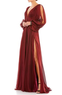 Trendy Date Night Outfit, Sleeve Gown, Split Sleeve, Unique Prom Dresses, Red Gowns, Mac Duggal, Chiffon Gown, Gala Dresses, Family Fashion