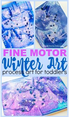 the finished fine motor winter art project for toddlers is shown in blue and purple