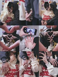 a collage of photos showing two people touching their hands