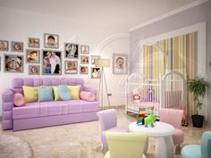 a living room filled with colorful furniture and pictures on the wall above it's crib