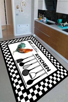 a kitchen area rug with black and white checkered flooring