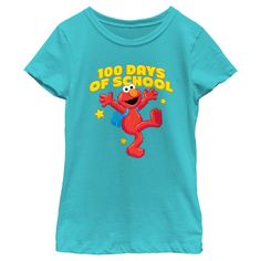 We can tell you how to get to Sesame Street and look good doing it, with these adorable designs for the whole family from the iconic, long-running children's series Sesame Street! Step onto Sesame Street with this officially licensed Girls' Elmo 100 Days of School Graphic T-Shirt featuring Elmo carrying a backpack while jumping for joy and the phrase: "100 Days of School" at the top. Bring joy and laughter to your day with this new Sesame Street apparel! Cute Blue T-shirt For End Of School Year, Blue Fun T-shirt For Back To School, Blue Crew Neck T-shirt For Back To School, Blue Crew Neck Tops For Back To School, Blue Cotton T-shirt For Back To School, Street Apparel, Tv Clothes, Sesame Street Elmo, Trending Graphic Tees