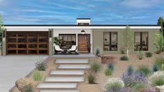 a rendering of a house with steps leading up to the front door and patio area