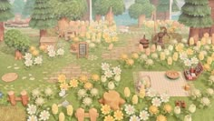 a painting of a garden with lots of flowers and animals in the grass next to trees