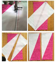 four pictures showing how to sew the fabric for an easy diy pillow cover