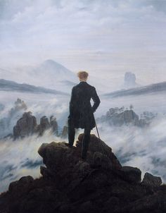 a painting of a man standing on top of a mountain looking out over the clouds