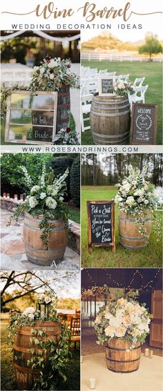 wine barrel wedding decoration ideas with white flowers and greenery in the barrels, chalkboard signs