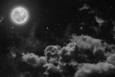 the sky is filled with clouds and stars, as well as an image of a full moon