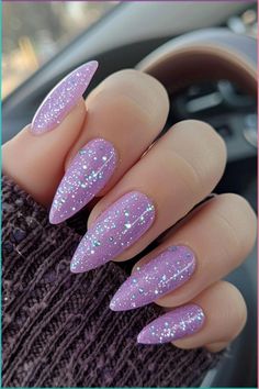 Cute and Quirky Sanrio Nails Light Purple Wedding Nails For Bride, Purple Sparkle Nail Design, Nails Idea Purple, Nails Purple Pastel, Purple Glitter Gel Nails, Light Purple Nail Ideas, Light Purple Nail Art, Cute Purple Nail Ideas, Sns Nail Art